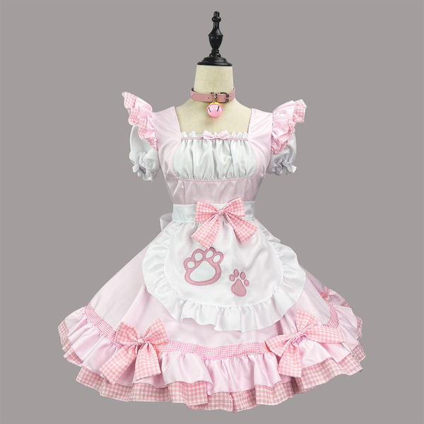 New Cat Girl Maid Costume - Plus Size Japanese Kawaii Cosplay Outfit, Classic Black & White Maid Dress - Light pink outfit set + choker