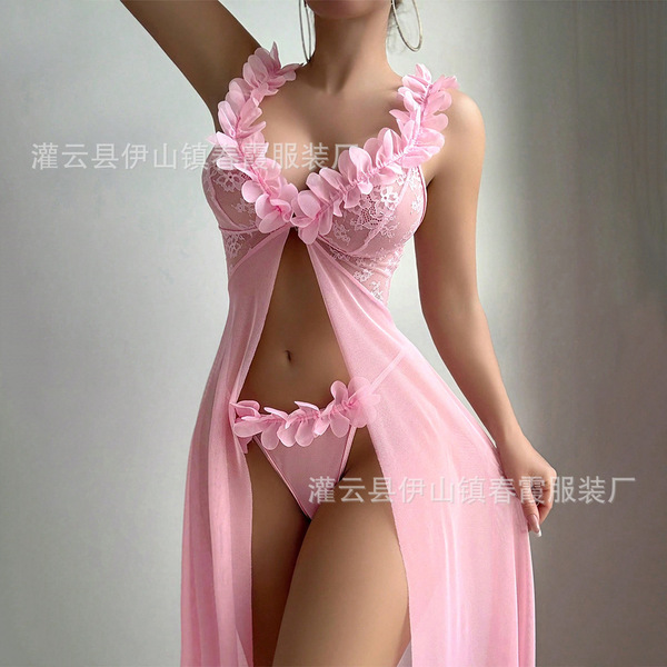 2026 Sheer Lace Long Slip Dress – Sensual Mesh Backless Nightgown & Lingerie Set for Women - pink
