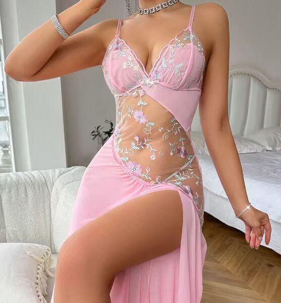 European & US New Sexy Lingerie Nightgown – Sheer Floral Lace Long Dress with Asymmetrical Embroidery & Sensual Cutouts - pink