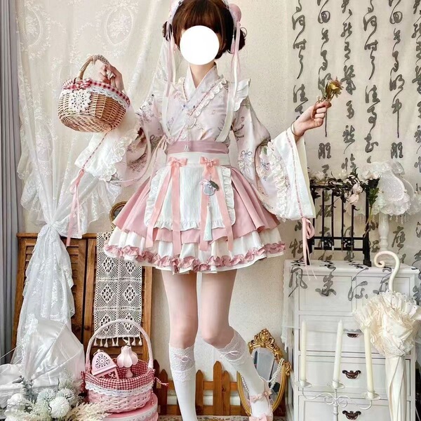 Sweet Lolita Maid Dress Set - Botanical Herbal Apothecary Cosplay Outfit for Women - Pink (top + skirt + double bows + apron)