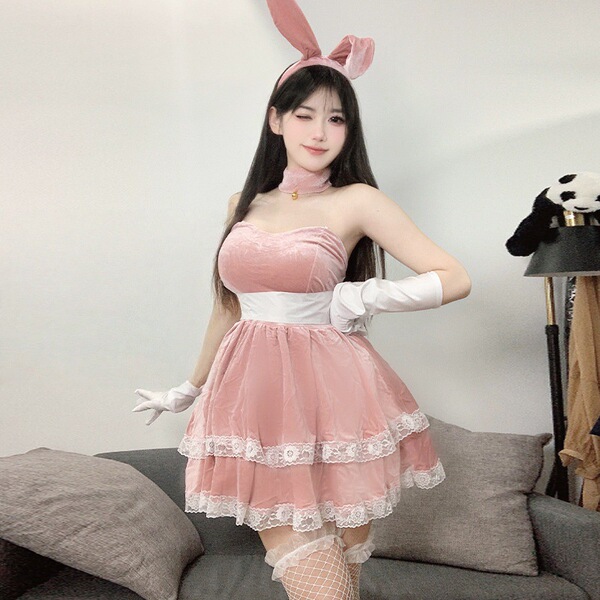 2025 Bunny Girl Costume Set – Sexy Christmas & New Year Cosplay Outfit for Women - Pink (dress + headpiece + choker + belt + gloves)