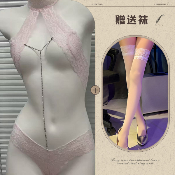Mannyqing Lace Bodysuit with Detachable Rhinestones - Sexy Strapless Mesh Chemise for Women, One Size - Pink + eye mask + white stockings