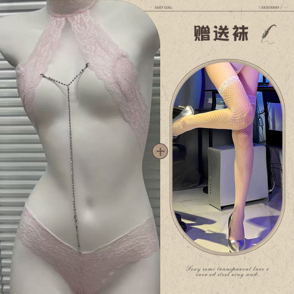 Mannyqing Lace Bodysuit with Detachable Rhinestones - Sexy Strapless Mesh Chemise for Women, One Size - Pink + eye mask + white fishnet stockings