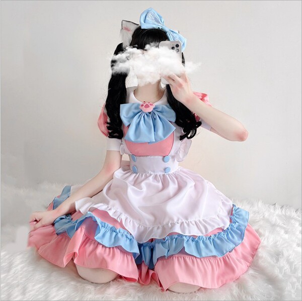 New Cute Pink & Blue Maid Dress Cosplay Outfit - Lolita Style Kawaii Girl Dress for Daily Wear & Costume Parties - Pink five-piece set