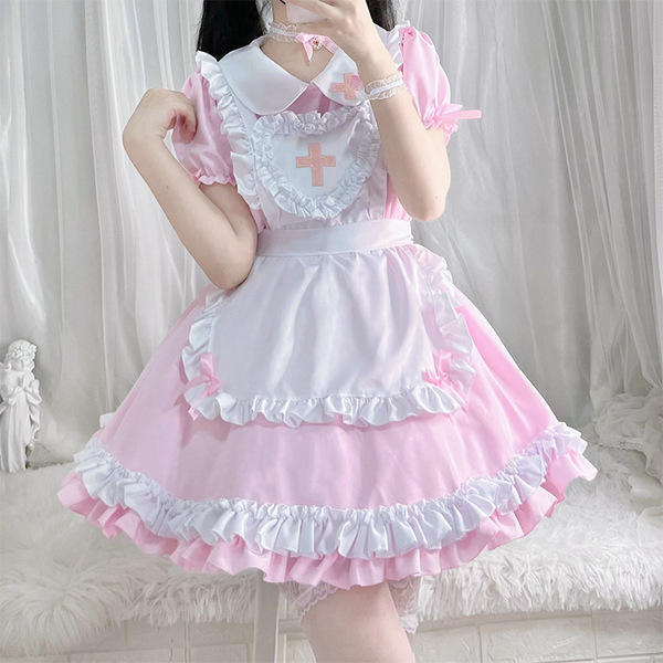 S5XL Japanese Maid Dress - Cute Anime Cosplay Costume for Women, Classic Short-Sleeve Maid Outfit - Light pink [skirt + apron + necklace + bracelet + leggings + headpiece]