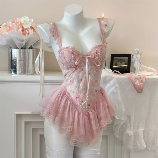 Women's Sexy Lace Bra Set - Push-Up Floral Corset Top with Padded Cups & Waist-Cinching Design - Pink floral print tank top + thong pants