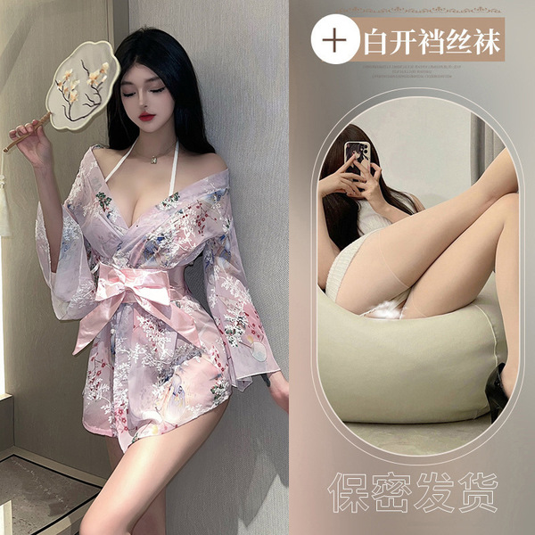 Japanese Kimono Sleepwear Set - Sexy Lace Yuki Robe & Bow Pajamas for Women, Adult Costume Lounge Wear - Pink floral kimono set + white open-crotch socks W3