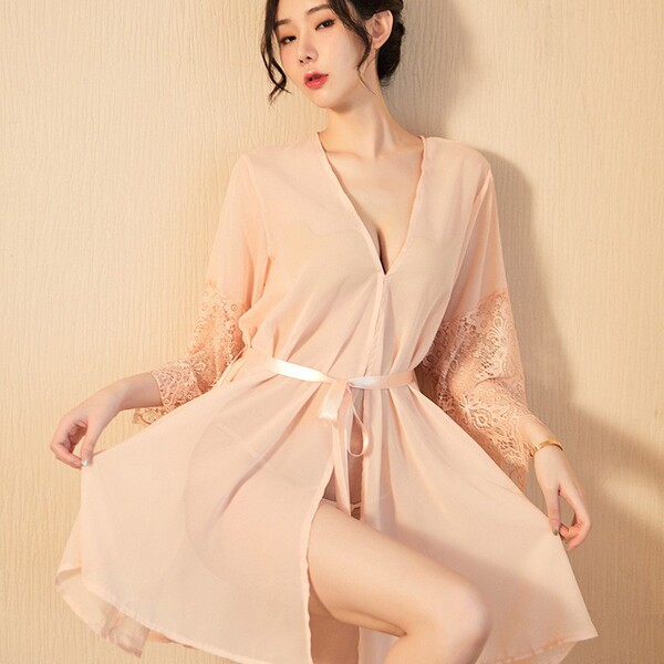 Lace Sleeve Chiffon Robe Set - Sexy Sheer Sleepwear for Women, Japanese-Style Lounge Wear & Intimate At-Home Outfit - nude pink