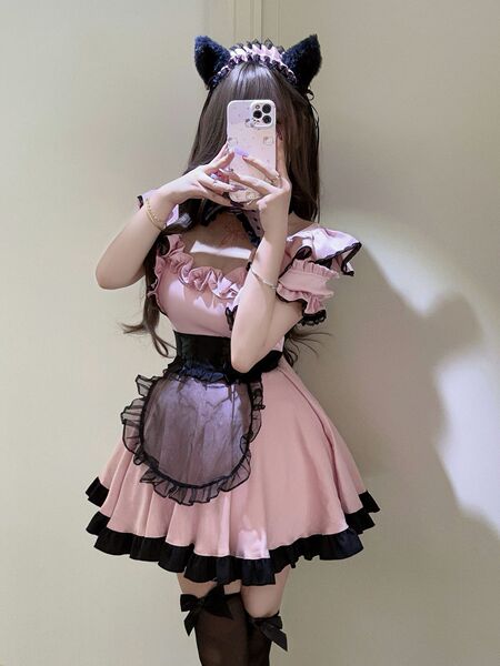 Japanese Cute Maid Costume for Women - Sweet Lolita Cat Girl Uniform with Lace Dress & Apron Set - Pink suit + headband + black stockings + petticoat