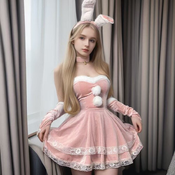 Red Christmas Bunny Girl Costume - Sexy Holiday Party Outfit, Naughty & Cute Xmas Lingerie Set - Pink Set [Includes accessories + headband + 2 sleeves]