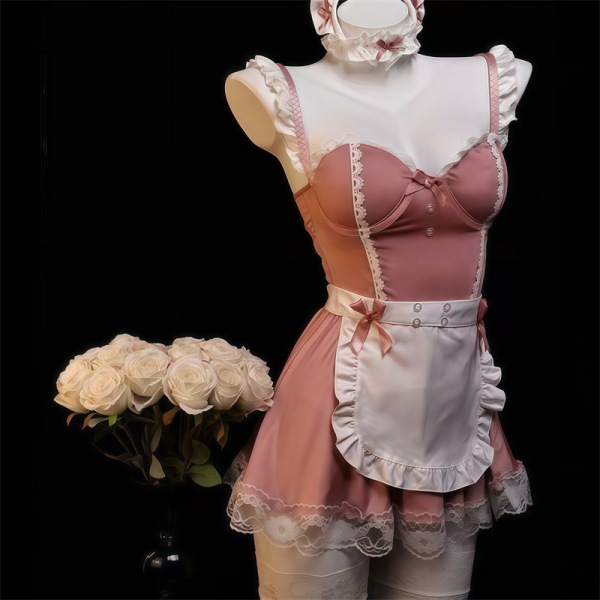 Sexy Maid Costume Set for Women - Steel-Boned Push-Up Lingerie Sleepwear with Removable Cups & Flirty Apron - Pink [Headband + Neck Ring + Apron + Sundress + T-shirt]