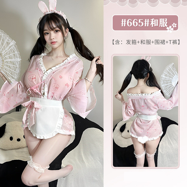 Xianyi Women's No-Remove Bunny Girl Lingerie Set - Cute Pure-Delight Japanese-Inspired Kimono Style Outfit - Pink (headband + kimono + apron + underwear) + W6 white + folding fan