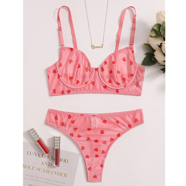 Lace Heart Embroidery Sheer Mesh Lingerie Set - White Sexy Motorcycle-Inspired Outfit for Women - Pink (heart print)