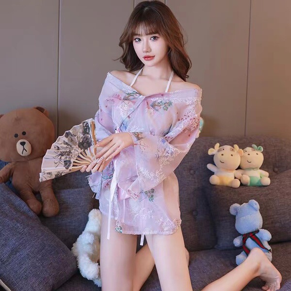 Japanese Maid Outfit Set - Sexy Cosplay Lingerie, Kimono Style JK Uniform & Seductive Sleepwear for Women - Pink kimono (bra, panties, outer garment, belt)