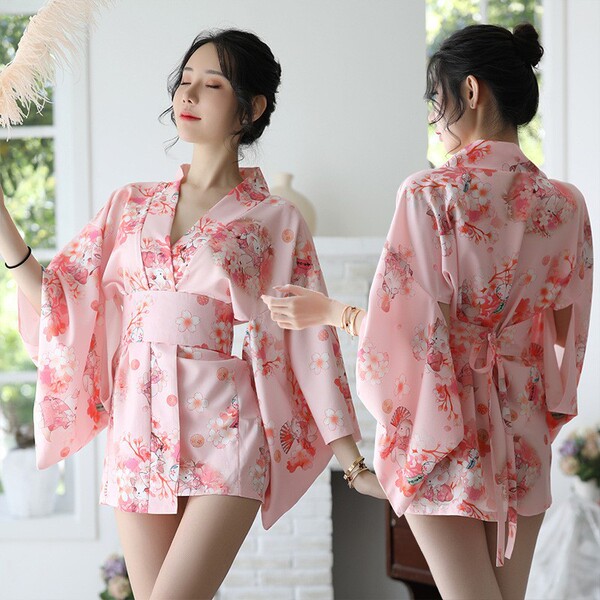 Japanese-Inspired Sexy Lingerie Set – Sheer Kimono-Style Sleepwear & Uniform Outfit, Plus Size Temptation Ensemble - Pink Kimono with Wide Waistband