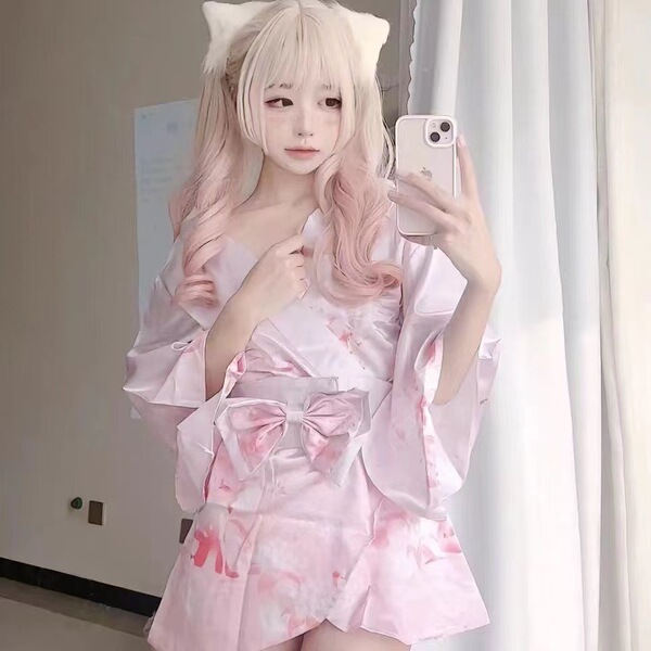 Pure Temptation Women's Lingerie Set - Deep V Japanese Kimono Style Cosplay Outfit with Floral Fox Dream Design - Pink [kimono + obi + underwear]