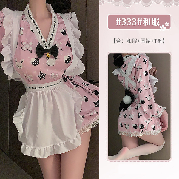 Xianyi Japanese Kimono Lingerie Set - Cute Soft Girl Lolita Sleepwear, Pure & Sexy Anime-Inspired Nightwear - Pink (kimono dress + apron + underwear)