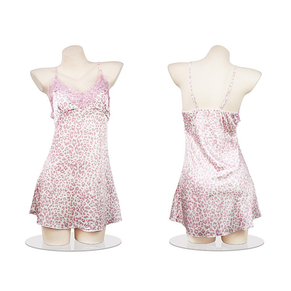Pink leopard print lace sleep dress with removable pads, sexy bedroom lingerie for women.