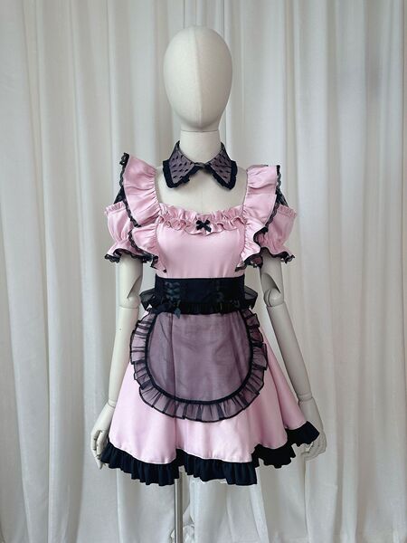 Japanese Cute Maid Costume for Women - Sweet Lolita Cat Girl Uniform with Lace Dress & Apron Set - Pink Maid Outfit