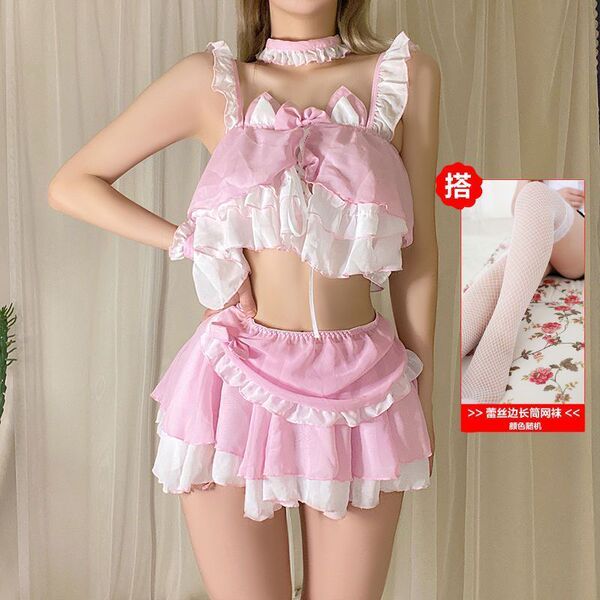 Sexy Maid Costume for Women - Cute & Alluring Lingerie Sleepwear Set, Seductive Bedroom Outfit - Pink maid outfit + white fishnet stockings + erotic paddle