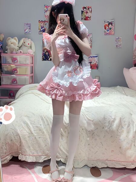 Sexy Maid Costume Lingerie Set - Cosplay Lolita Pure & Tempting Uniform Sleepwear, Plus Size No-Remove Design - Pink Maid