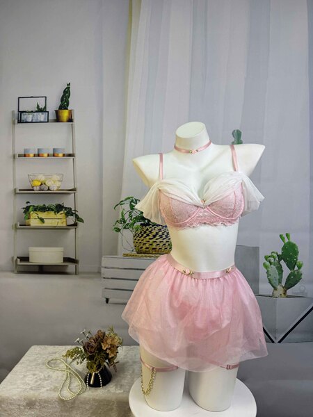 TEMU European and American Style Pure & Playful Floral Mesh Mini Skirt - Sexy Roleplay Lingerie Set for Women - pink
