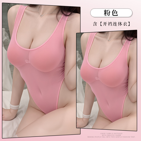 Sensual Sheer Lace Bodysuit Swimwear - Open-Crotch One-Piece Mesh Tankini Set for Adults - pink