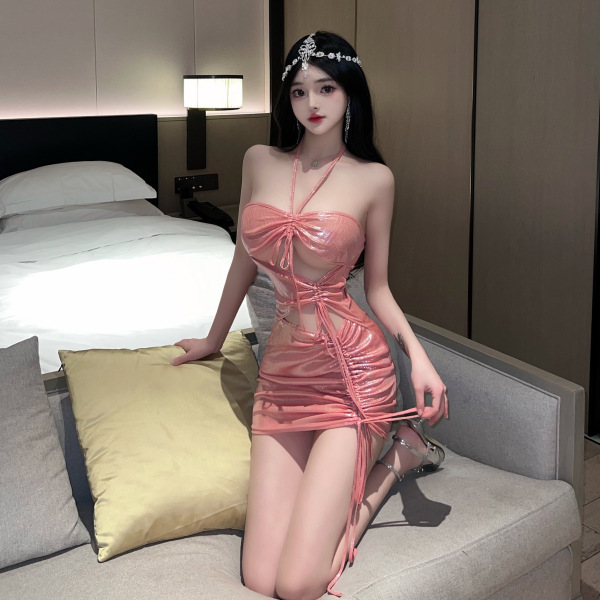 Liruru Sexy PVC Lace Halter Bodycon Mini Dress - Shiny Sheer Cut-Out Boudoir Outfit for Women - pink