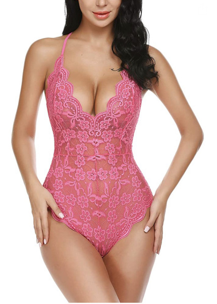 Sexy Plus Size Lace Bodysuit - Deep V Transparent Mesh Camisole with Adjustable Straps - pink