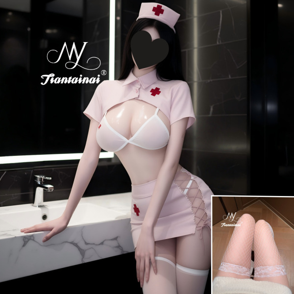 Sexy Nurse Costume Set - Lace Tie-Up Bodycon Skirt & Seductive Sleepwear for Women - Pink suit + white fishnet stockings