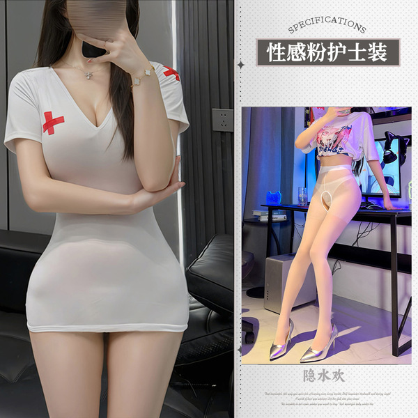 Sexy Nurse Costume for Women - Seductive Lingerie Sleepwear Set with Skirt & Top, Bedroom Role Play Outfit - Pink nurse + white open crotch stockings