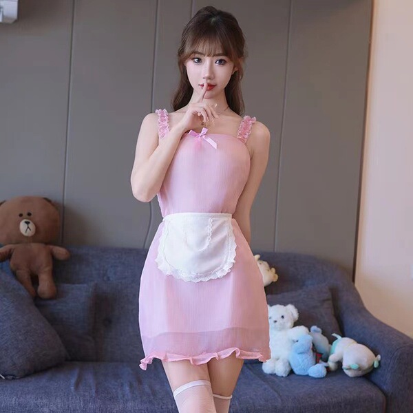 Japanese Maid Outfit Set - Sexy Cosplay Lingerie, Kimono Style JK Uniform & Seductive Sleepwear for Women - Pink (bodysuit, apron, and underwear)