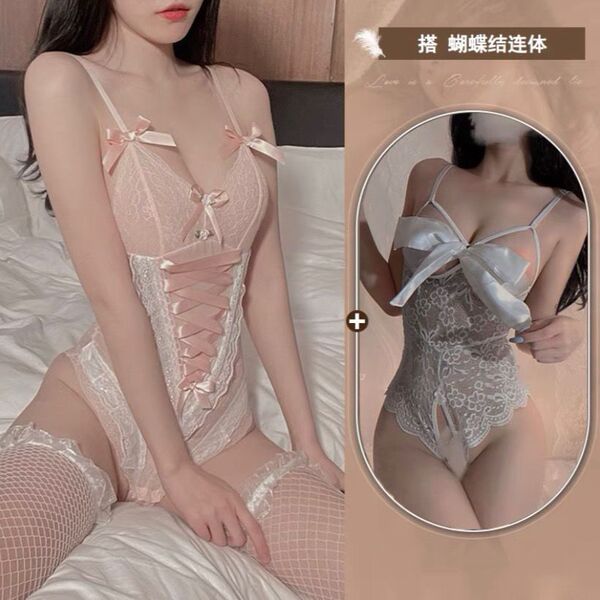 Sensual Lace Lingerie Set for Women - Pure & Passionate Maid Costume Sleepwear, Erotic Bedroom Outfit - Pink bodysuit with bow tie, comes with a pair of socks