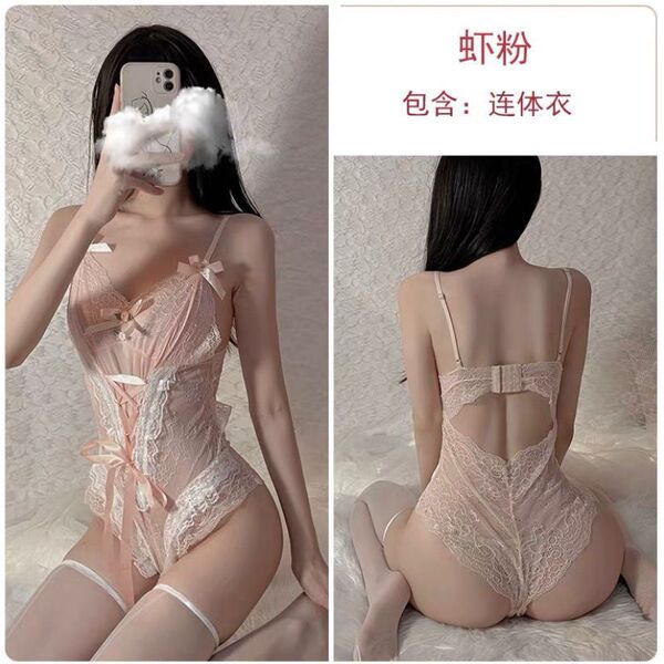Sensual Lace Lingerie Set for Women - Pure & Passionate Maid Costume Sleepwear, Erotic Bedroom Outfit - Pink bodysuit (socks not included)