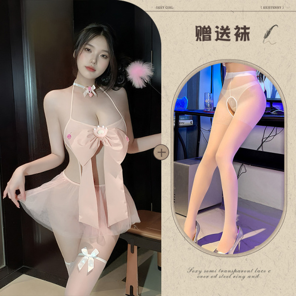 Qingran Pink Bow Three-Piece Lingerie Set - Sheer Mesh Pure & Tempting No-Remove Outfit - Pink and white open-crotch socks