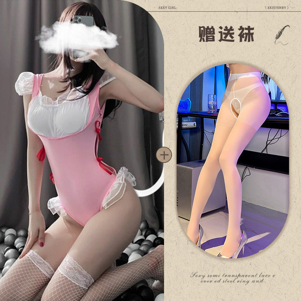 Manny Night Lotus Maid Costume Set - Seductive Tight-Fit Princess Housemaid Outfit with Open-Crotch Design - Pink and white open-crotch socks