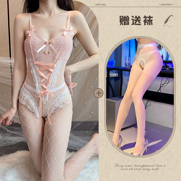 Qingran Sexy Lace Bodysuit with Ties & Snap Crotch - Seductive Sweet Uniform Style Babydoll Set - Pink and white open-crotch socks