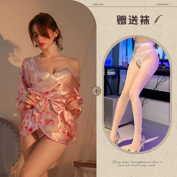 Purple Sensual Lounge Robe & Kimono Sleep Dress – Floral Fox Dream Open-Front Waist-Tied Japanese-Style Nightwear - Pink and white open-crotch socks