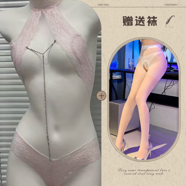 Mannyqing Lace Bodysuit with Detachable Rhinestones - Sexy Strapless Mesh Chemise for Women, One Size - Pink and white open-crotch socks