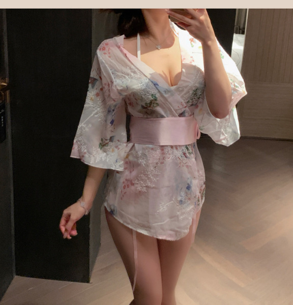 Pure & Playful Sensual Lingerie Set – Modest Yet Sexy Kimono-Style No-Remove Outfit for Couples - Pink [outer robe + inner lining] + white open-crotch socks