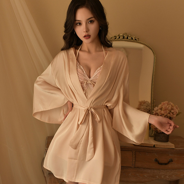 Qingran Sexy Lingerie Sleepwear Set – Satin & Lace Sleep Dress with Built-in Padded Bra, Elegant At-Home Outfit - Pink separate outer robe