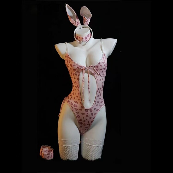 Pure & Playful Lingerie Set - Bunny Girl Costume, Seductive Sleepwear & Naughty Uniform Outfit for Women - Pink leopard print + white stockings