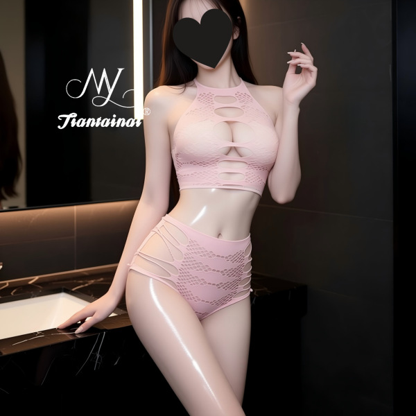 Sexy Sheer Lace Bodysuit Set - Plus Size Tear-Away Mesh Thong Bodysuit for Women, No-Remove Intimate Outfit - Pink + Pink Fishnet Stockings