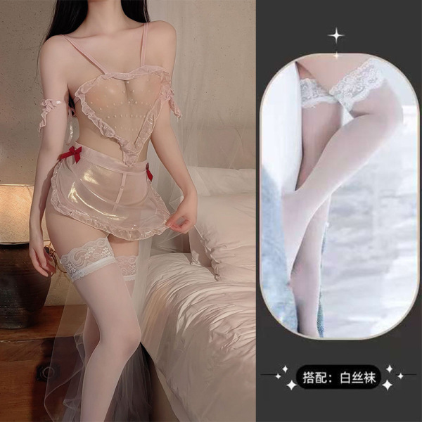 Sexy Maid Lingerie Set for Women - Sheer Backless Sleepwear, Busty-Free Seductive Costume Outfit - Pink suit + white stockings