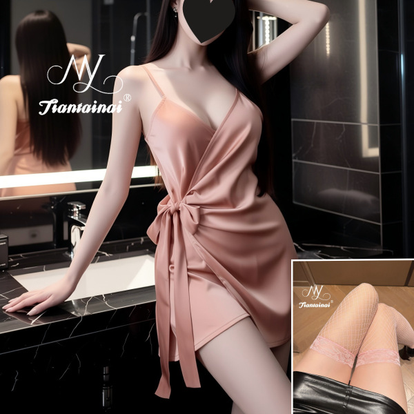 Seductive Lace Sleepwear for Women – Elegant Sheer Mesh Cami Dress, Busty & Curvy Friendly Sexy Lingerie Set - Pink + Pink Fishnet Stockings