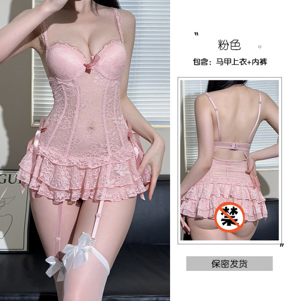 QQNY Sensual Lingerie Sleepwear Set - Pure & Tempting Lace Bralette & Matching Robe for Women - Pink vest + T-shirt + white stockings + white bell