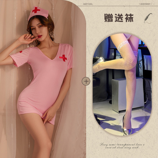 Sexy Nurse Costume Set - Backless Grid Lace Lingerie Outfit for Role Play & Adult Fun - Pink suit + pink fishnet stockings
