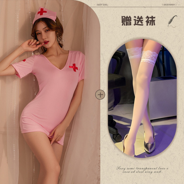 Sexy Nurse Costume Set - Backless Grid Lace Lingerie Outfit for Role Play & Adult Fun - Pink suit + pink stockings