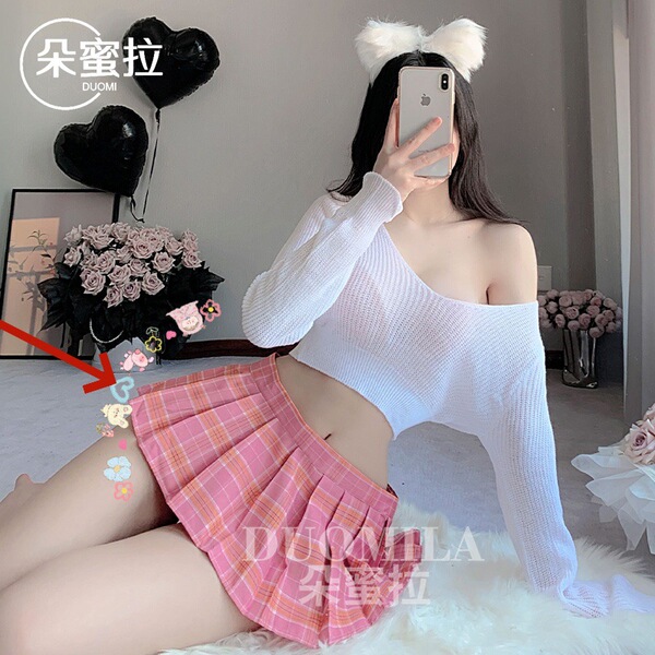 Domila Sexy Lingerie Set - Cute Schoolgirl JK Sweater Uniform with Sheer Mesh Design for Women - Solo shot - Pink plaid mini skirt