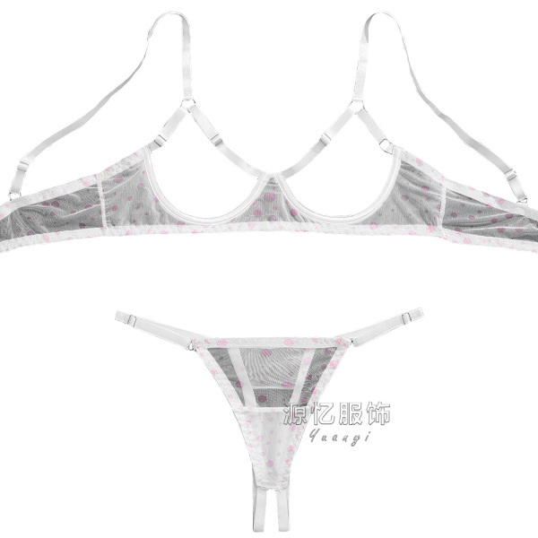 Sheer white lingerie set with pink polka dots, featuring a bra and panty with adjustable straps.